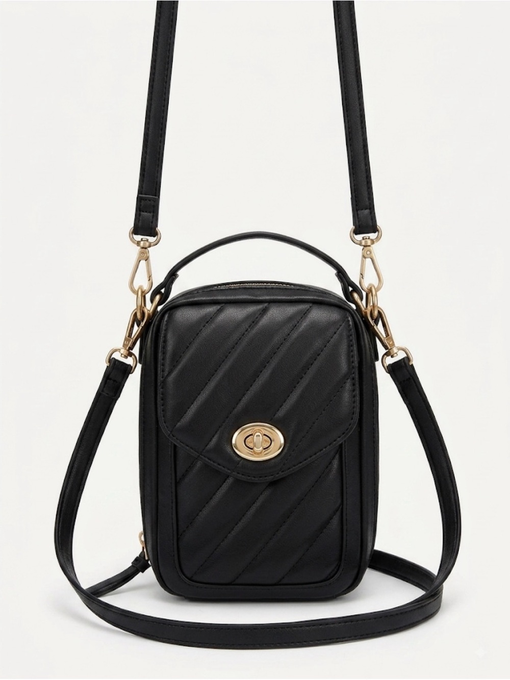 Black Quilted Phone Crossbody Bag Turnlock Top Handle Mini Purse